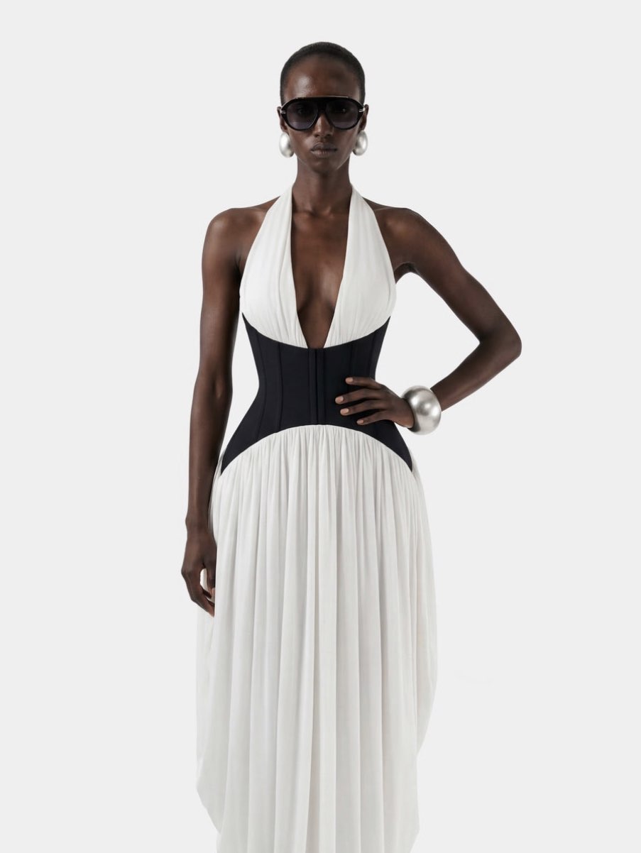 Black and White Corset Halter Maxi Dress