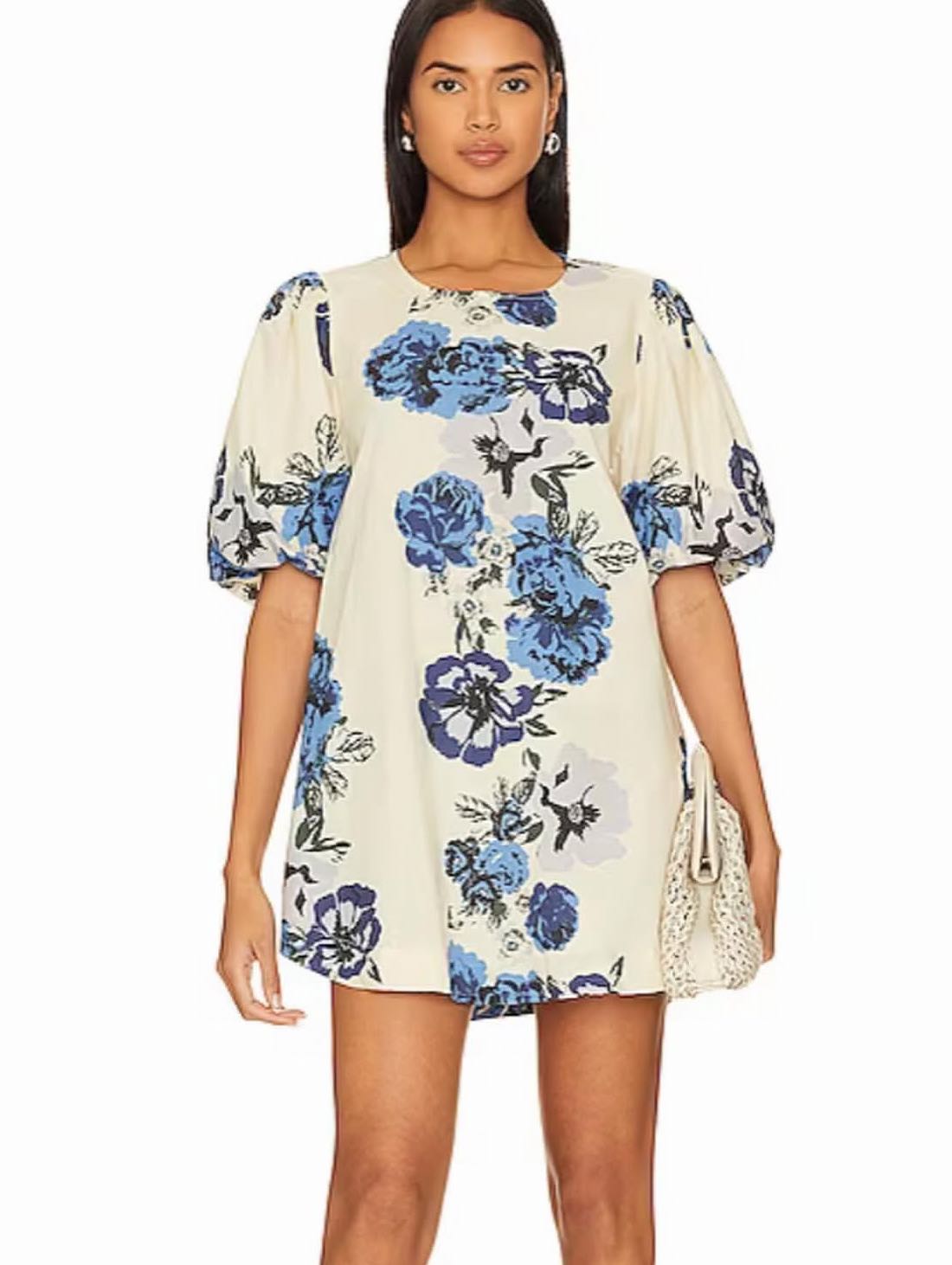 Blue Cream Floral Flowy Mini Dress