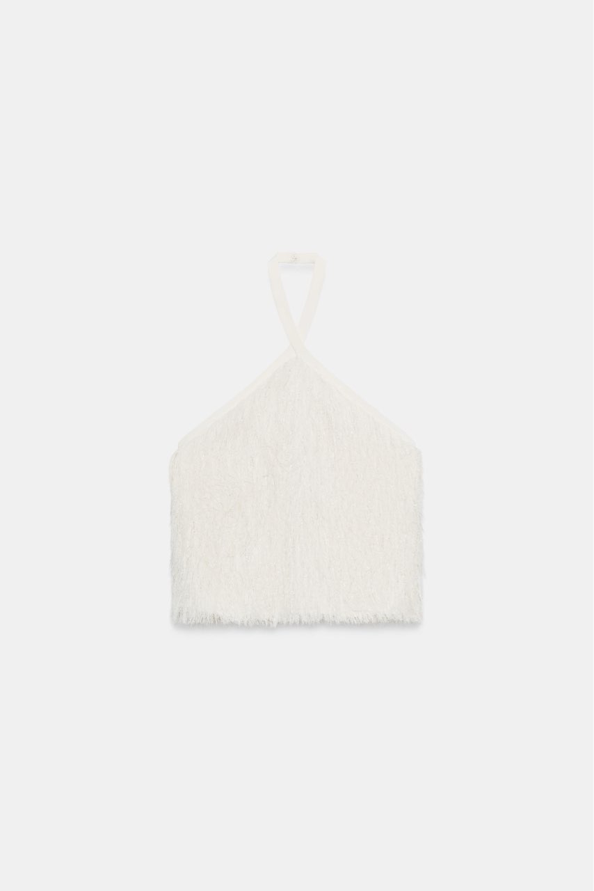 Zara Metallic Thread Feather Halter Top