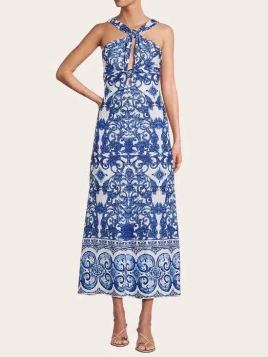 Antonio Milani Blue and White Tile Print Halter Midi Dress