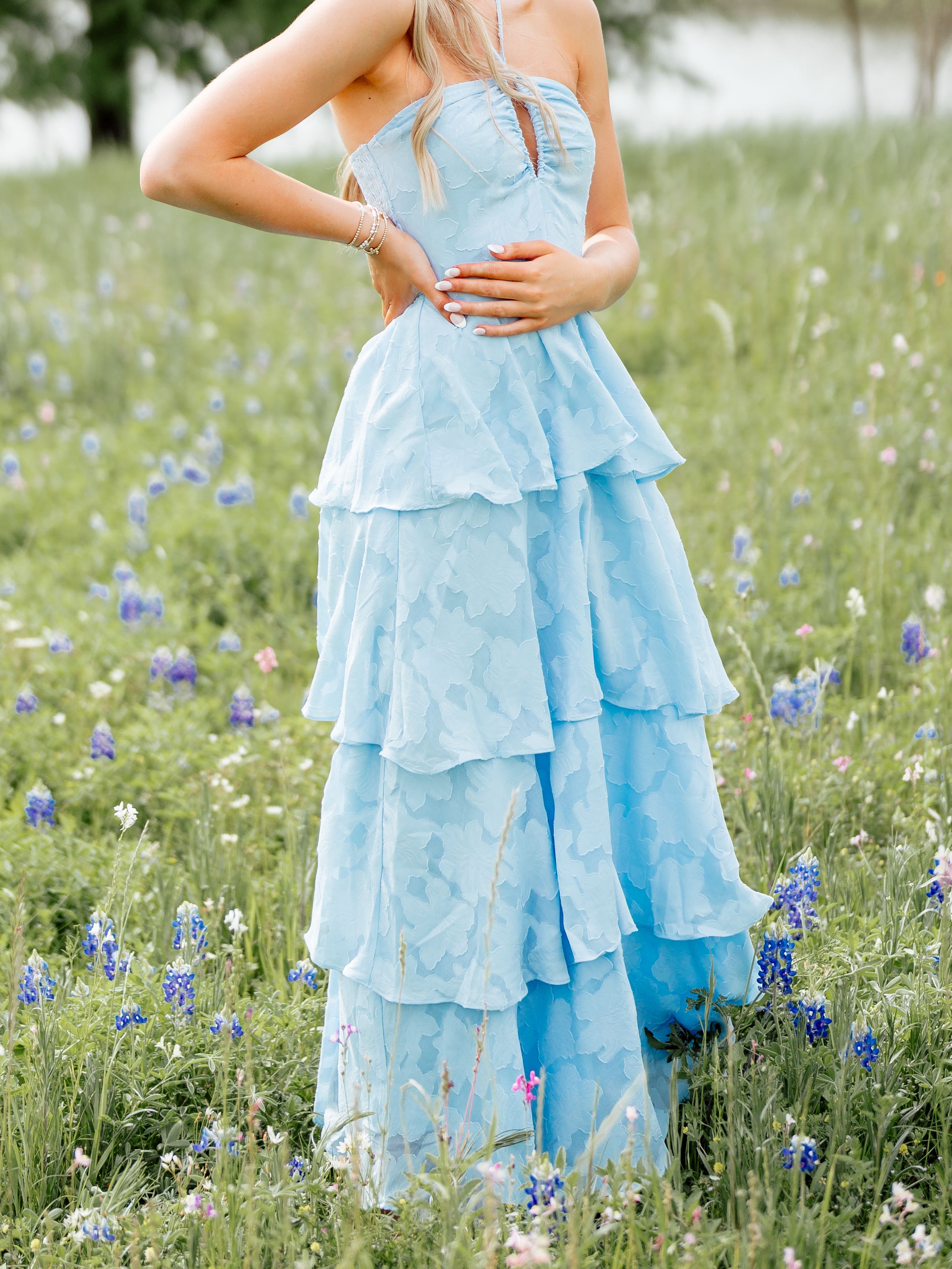 Light blue halter ruffle dress