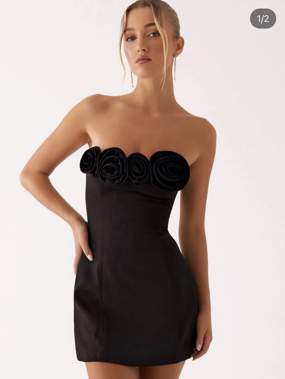 Black Strapless Mini Dress with Floral Bust Detail
