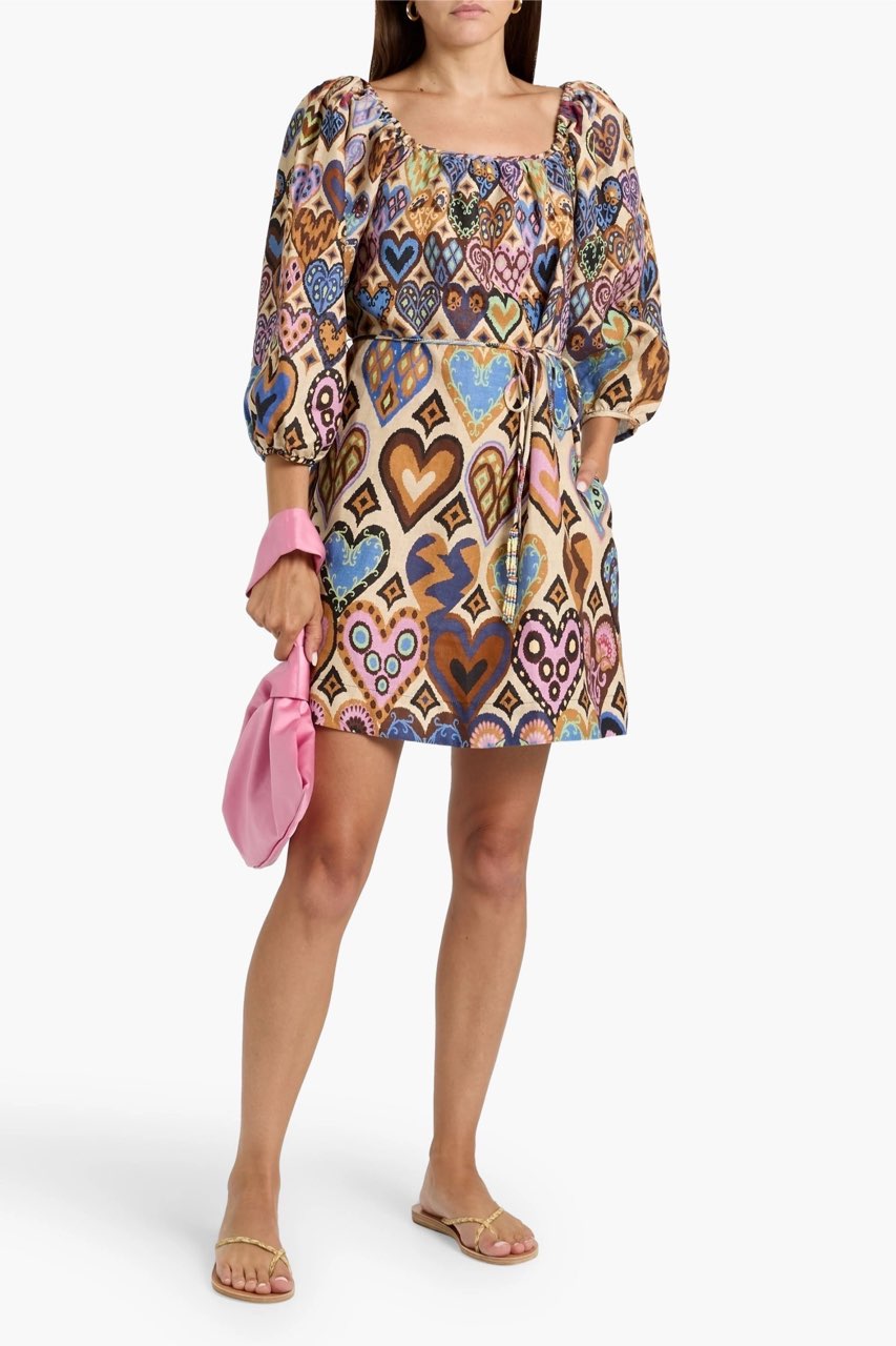 Belted Printed Linen-Canvas Mini Dress
