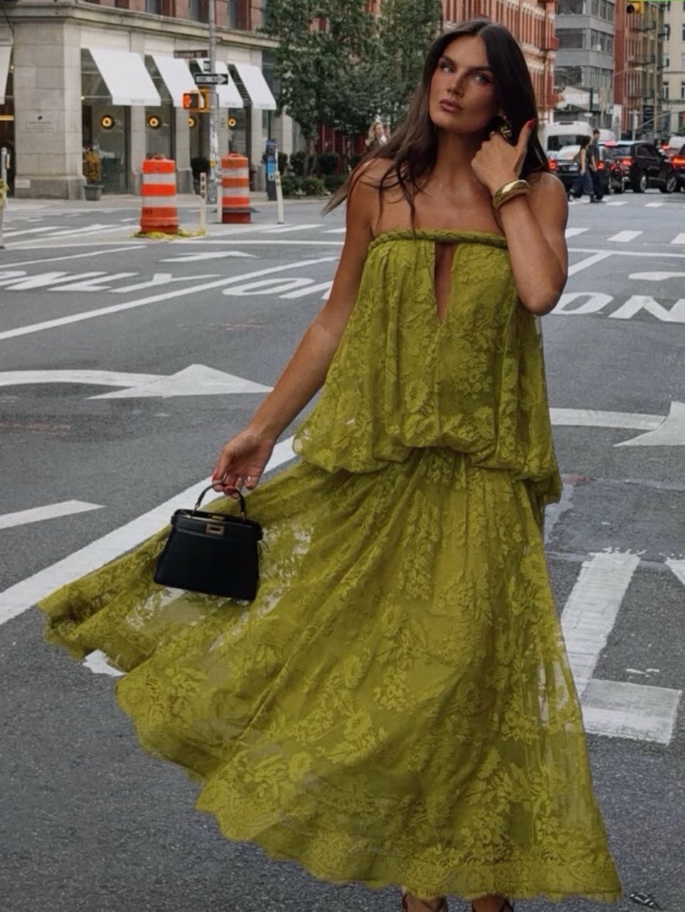Olive Green Strapless Lace Maxi Dress
