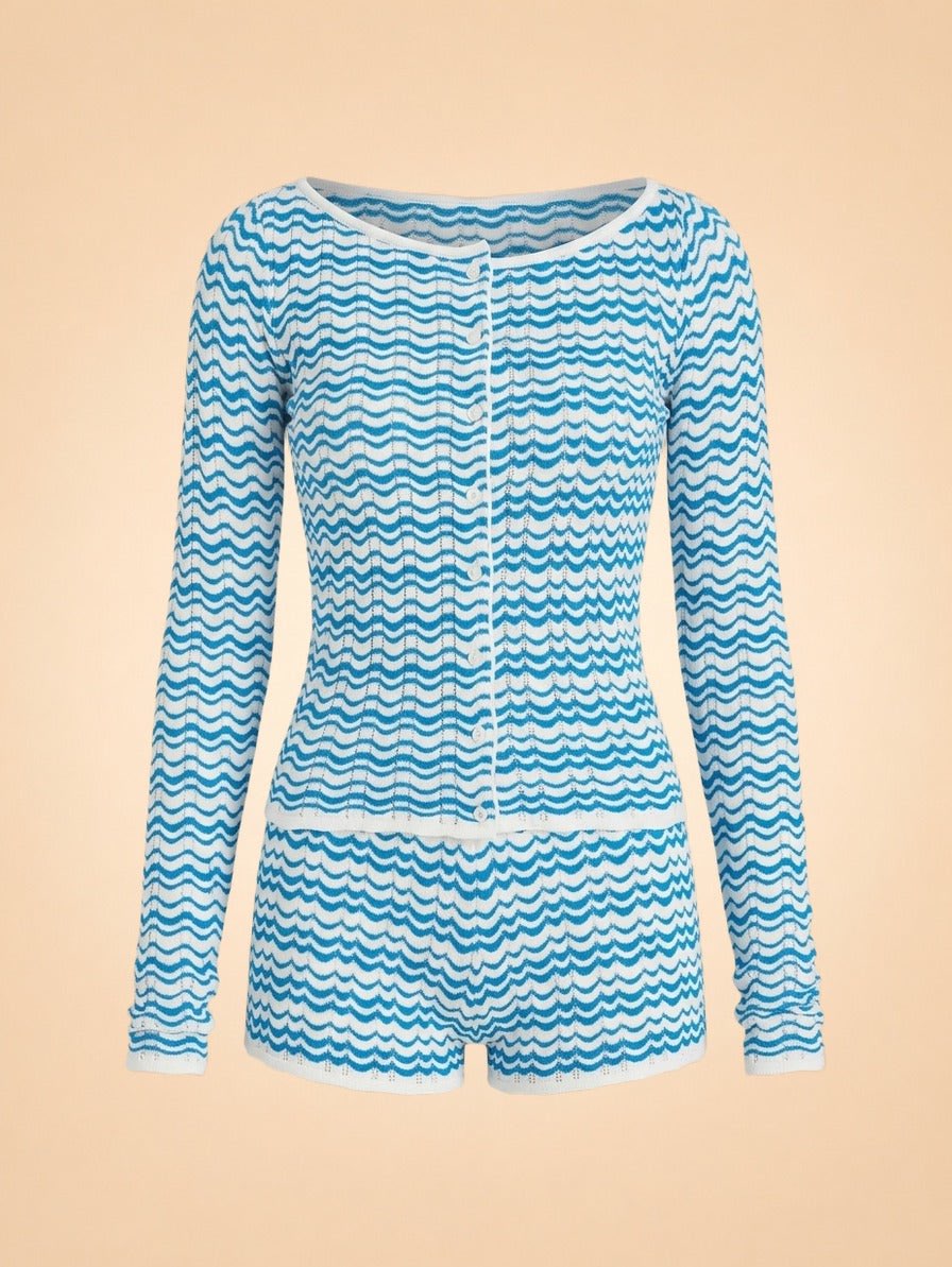 Wavy Knit Cardigan and Shorts Set