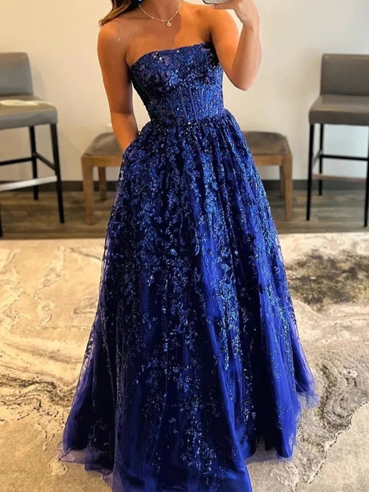 Royal Blue Embellished Strapless Gown