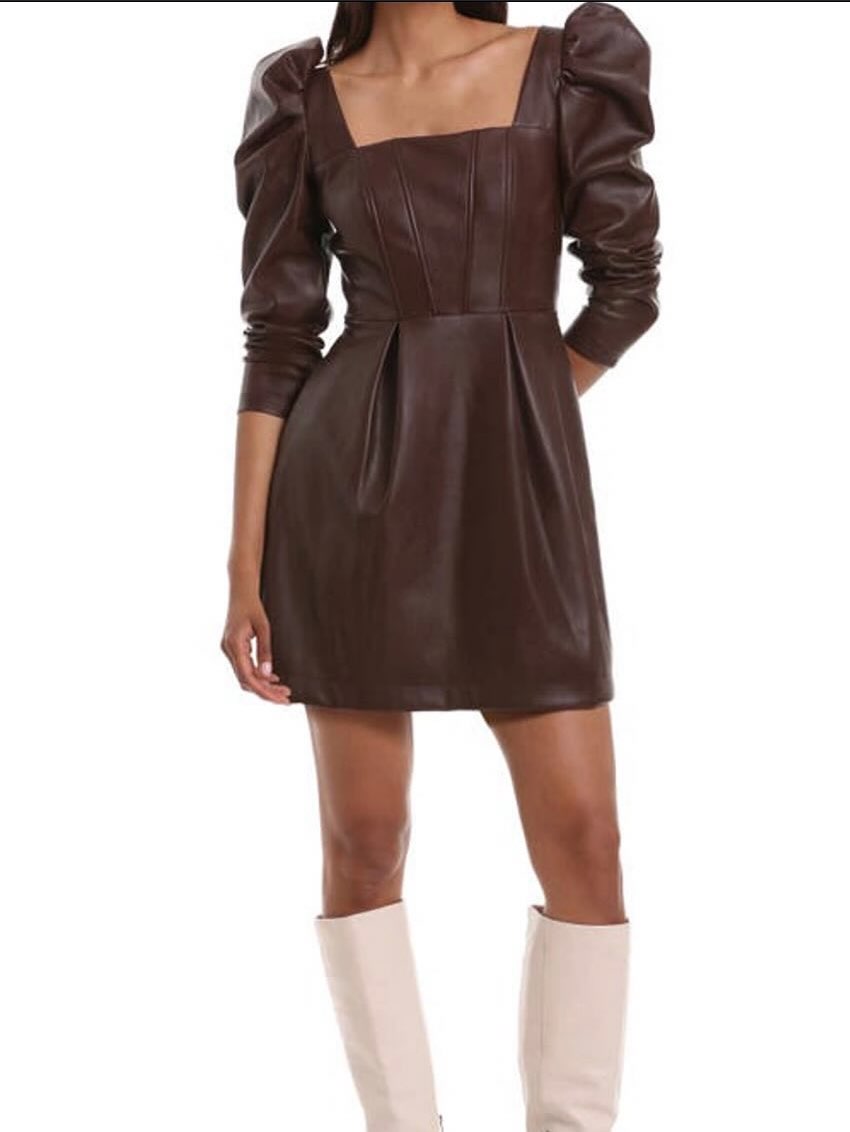 Brown Faux Leather Puff Sleeve Mini Dress