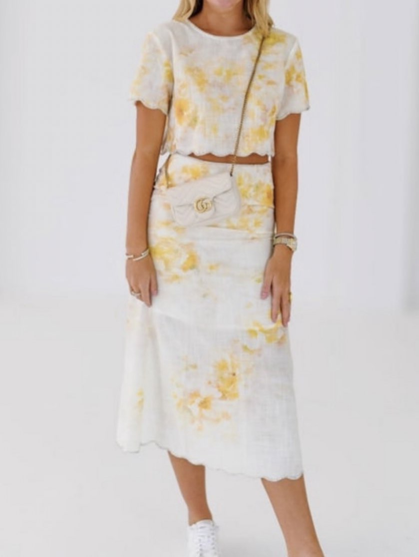 White and Yellow Tie-Dye Scalloped Crop Top and Midi Skirt Set