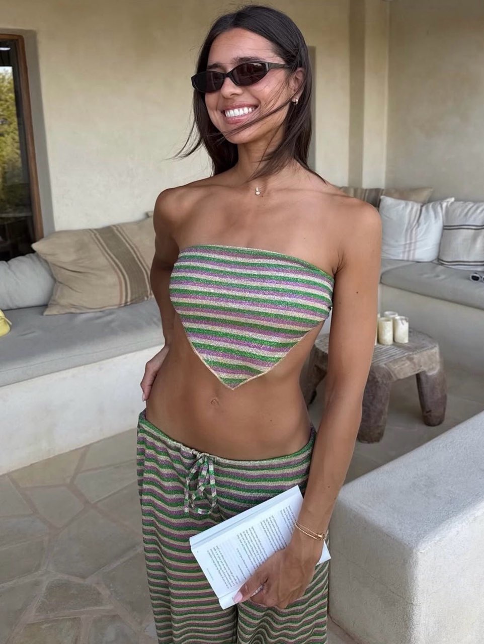 Green and Pink Shimmer Striped Two-Piece Set