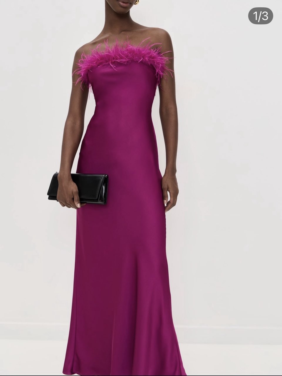 Magenta Feather Trim Strapless Maxi Dress
