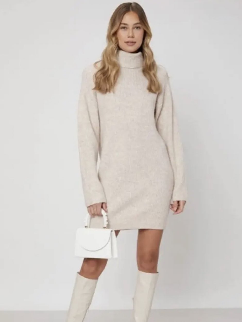 Beige Turtleneck Sweater Dress