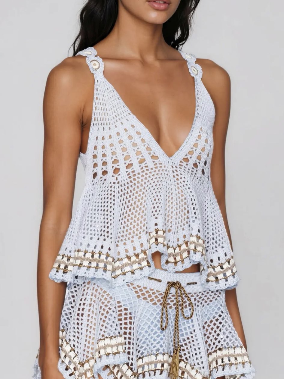 Light Blue Crochet Peplum Top