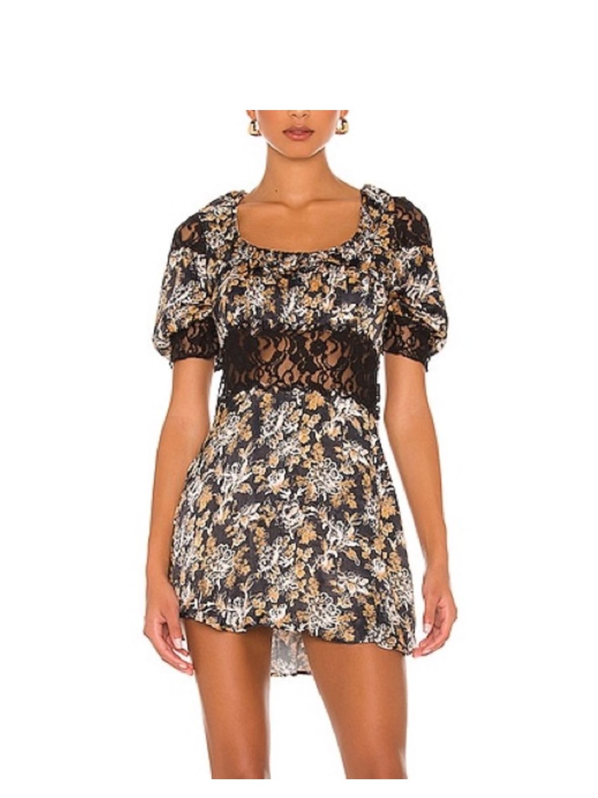 Free people black orange floral lace short sleeve dress