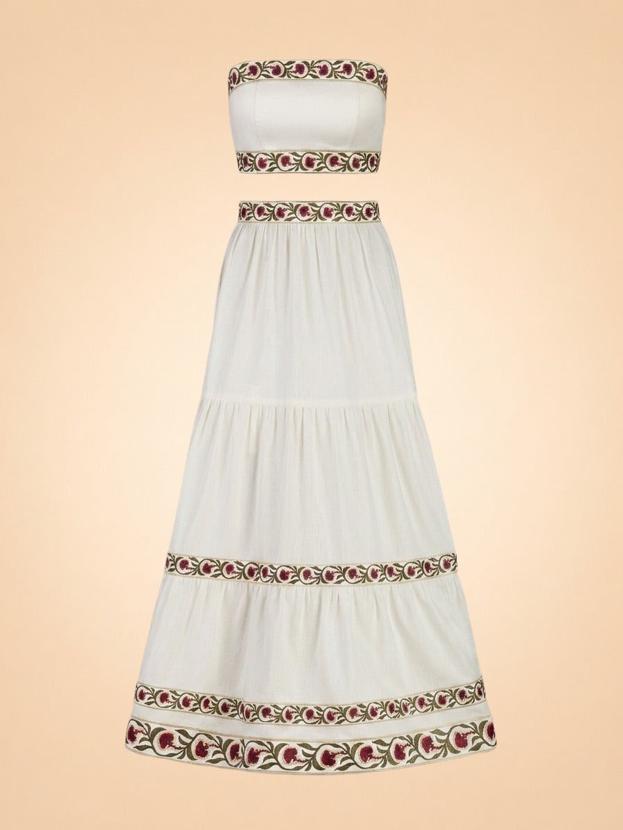 Embroidered Strapless Crop Top and Maxi Skirt Set