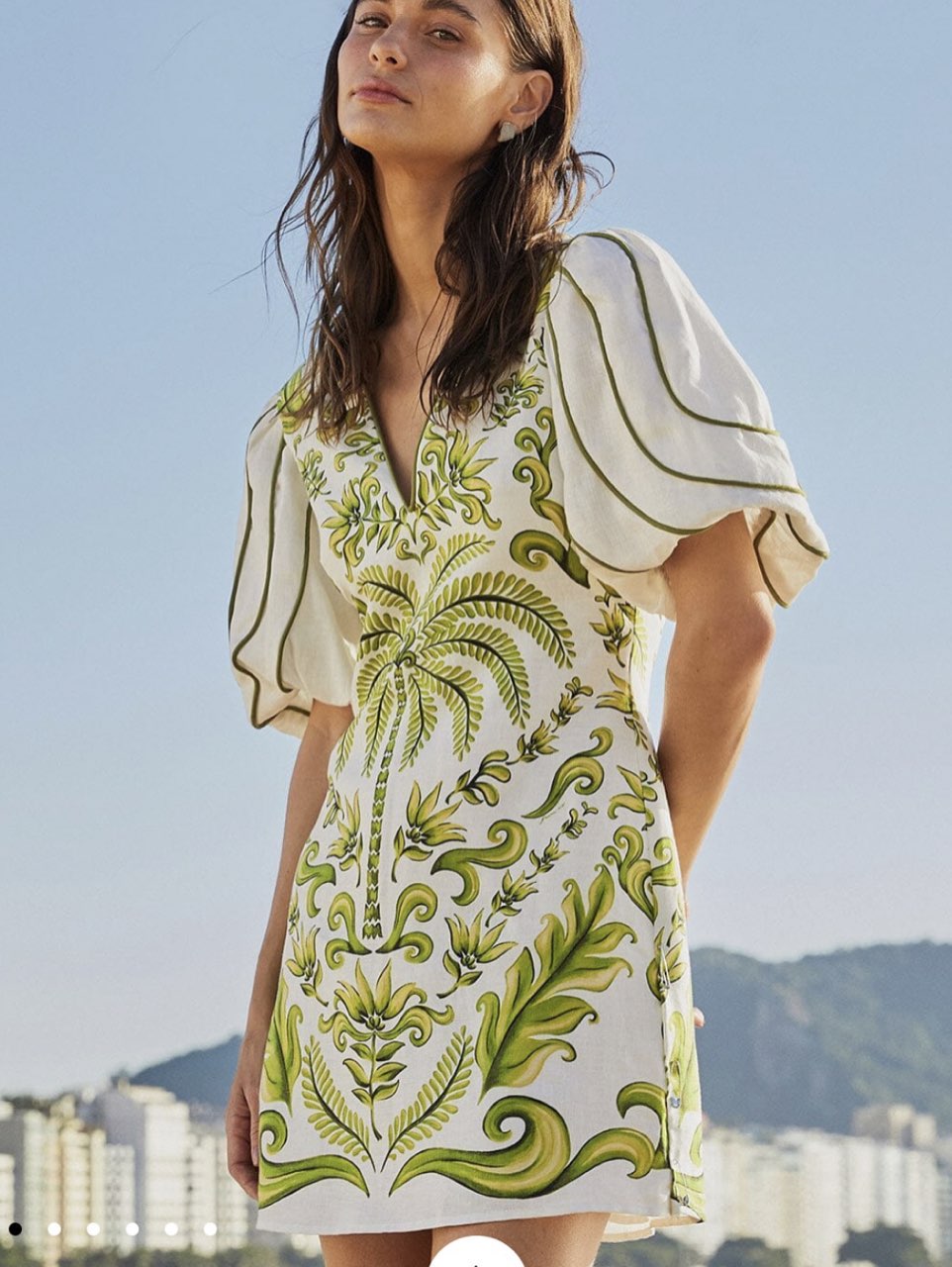 Green & White Tropical Print Puff Sleeve Mini Dress