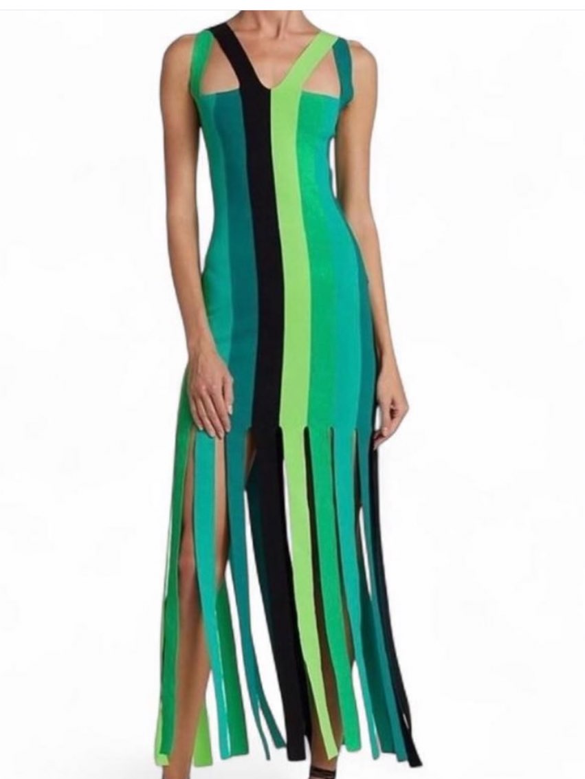 Colorblock Striped Knit Fringe Maxi Dress