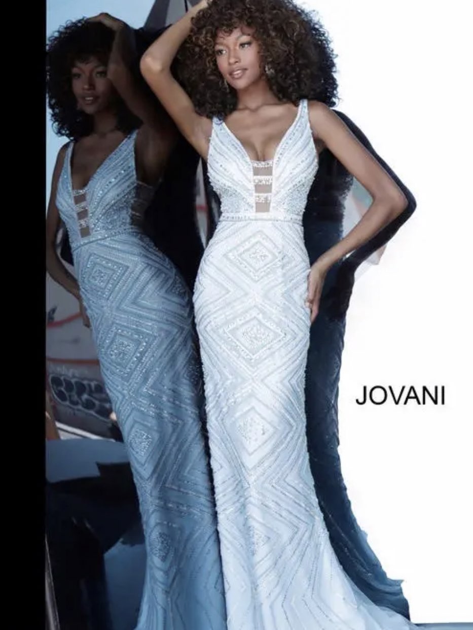 Light Blue Beaded Geometric Formal Gown
