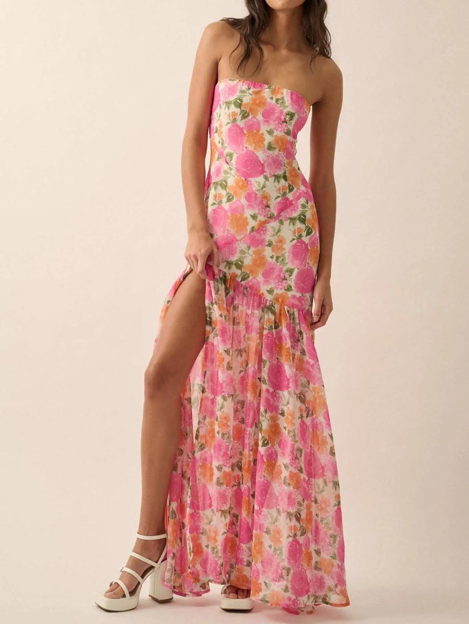 Pink Floral Strapless Drop Waist Maxi Dress