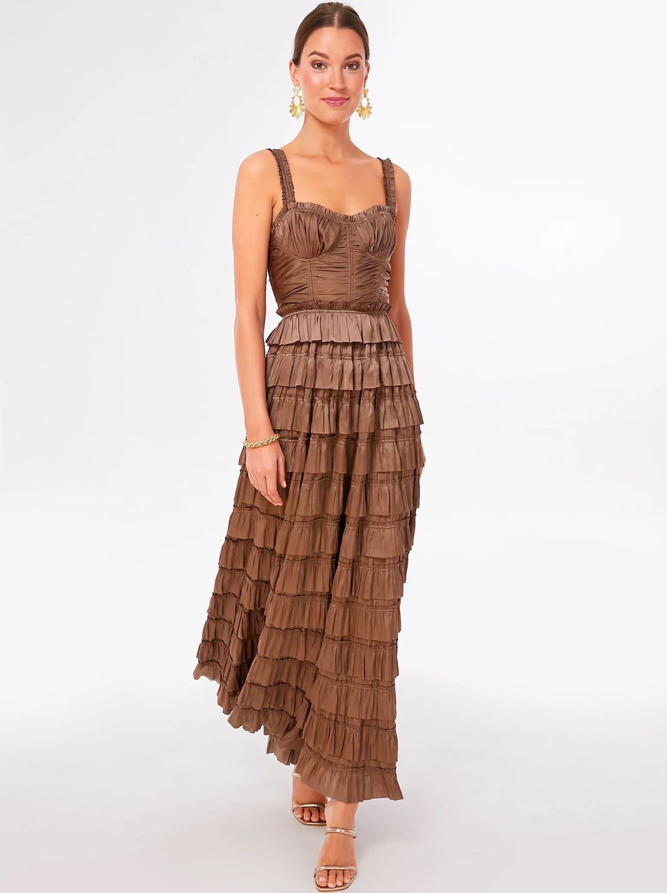 Brown Tiered Ruffle Maxi Dress - Mica Camille Gown