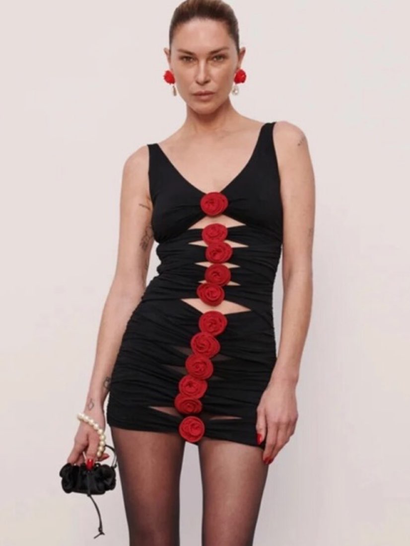 Black Cutout Mini Dress with Red Roses