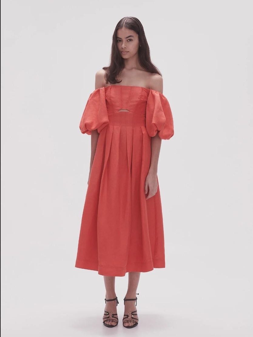 Off-Shoulder Puff Sleeve Midi Dress