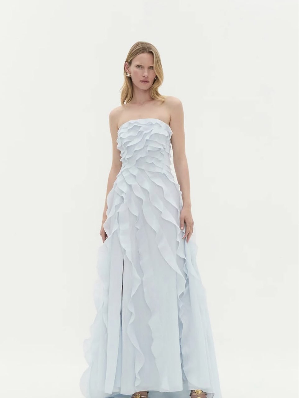 Light Blue Ruffled Strapless Gown