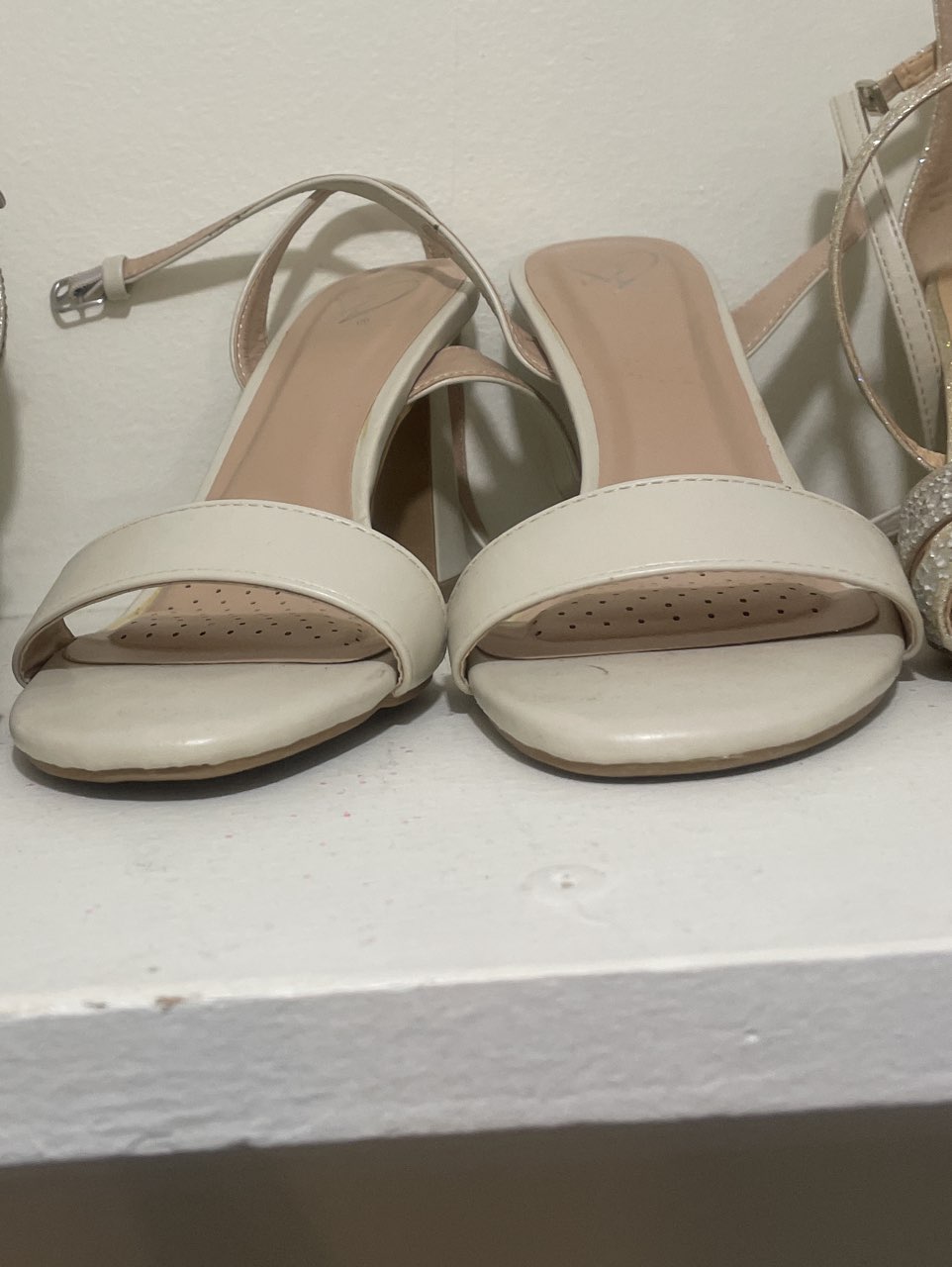 Cream Ankle Strap Block Heel Sandals