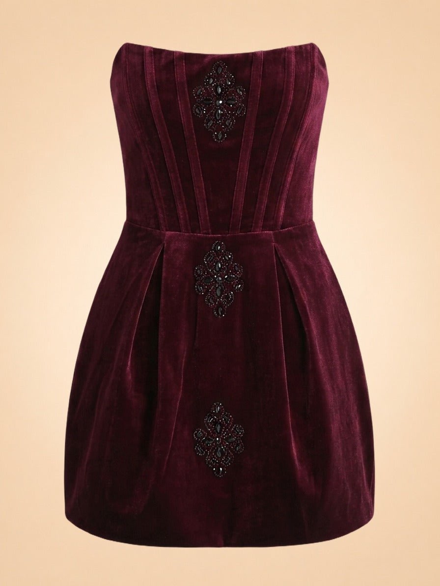 Embellished Velvet Strapless Mini Dress