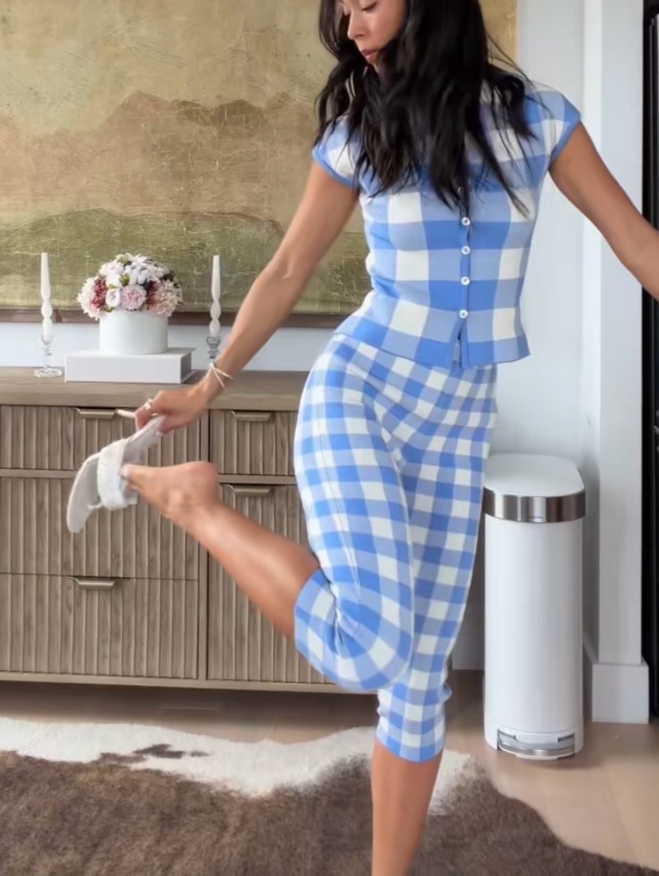 Light Blue Gingham Knit Top and Capri Set