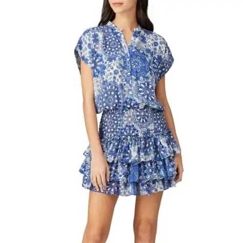 Blue Patterned Ruffle Mini Dress