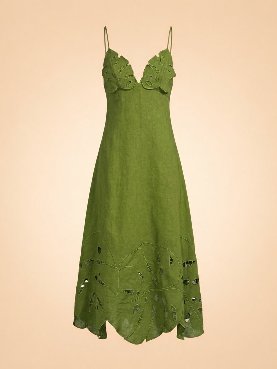 Green Monstera Embroidery Midi Dress