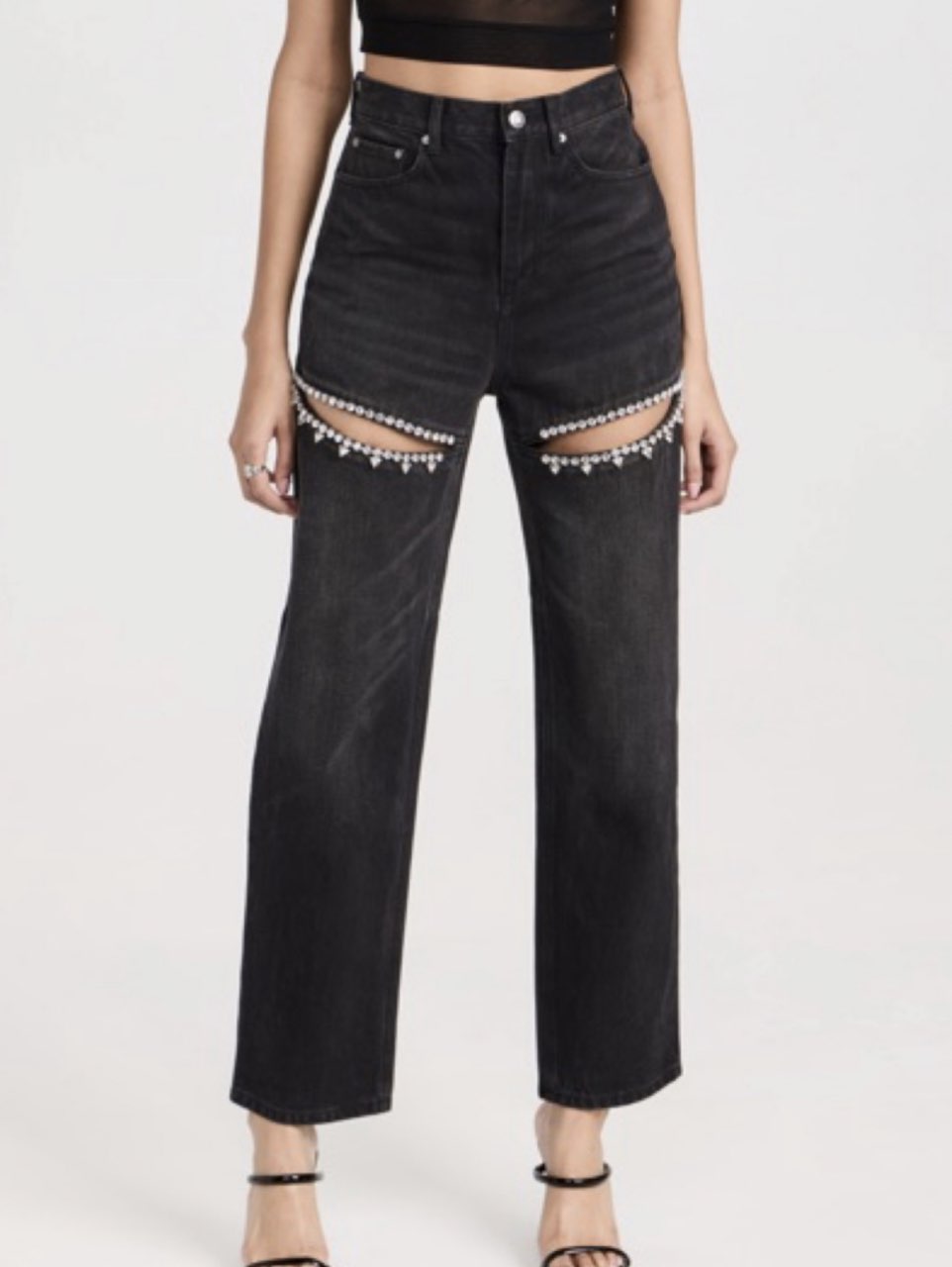 AREA Crystal Cut-Out Straight Leg Jeans
