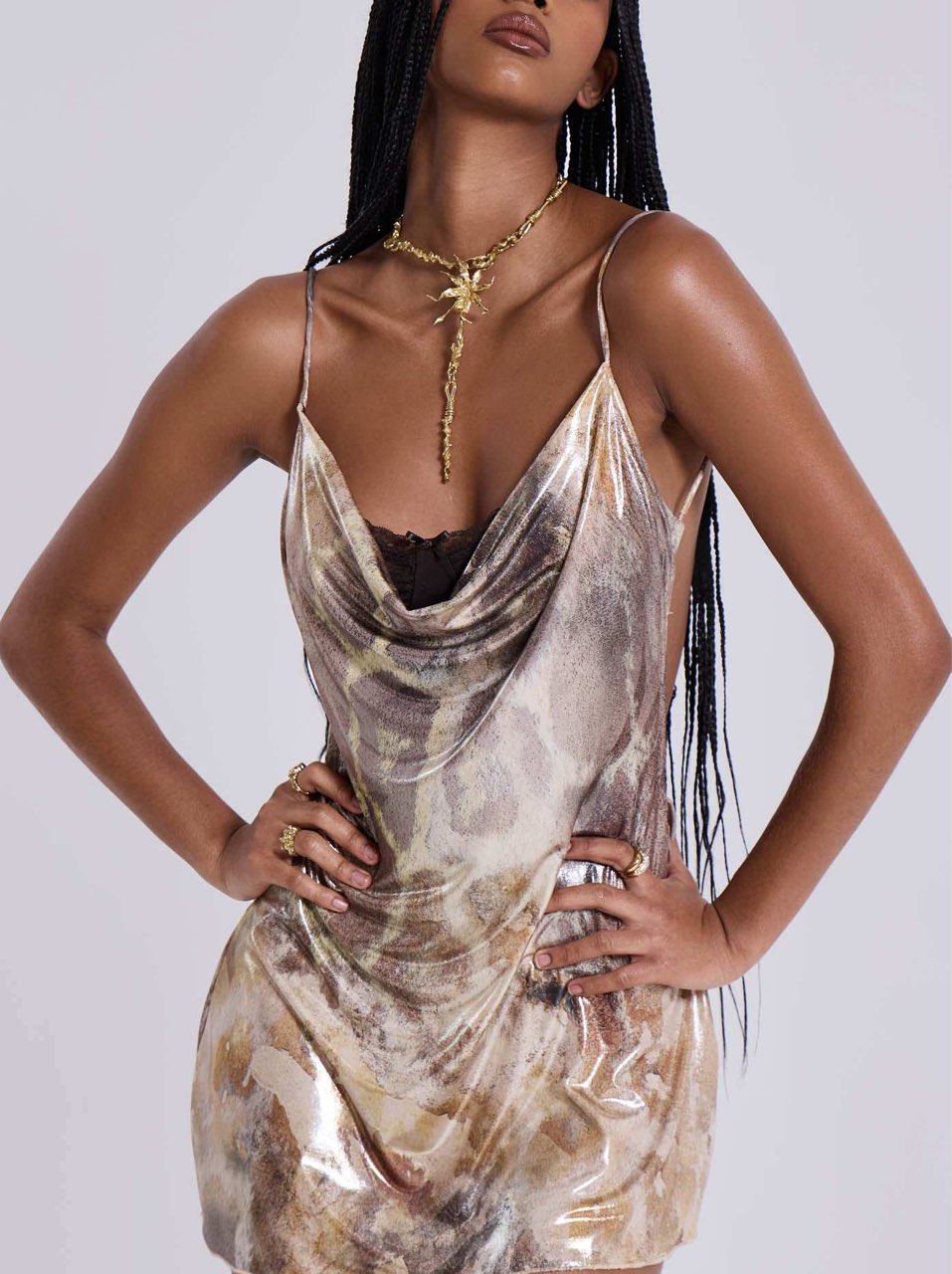 Metallic Cowl Neck Mini Dress