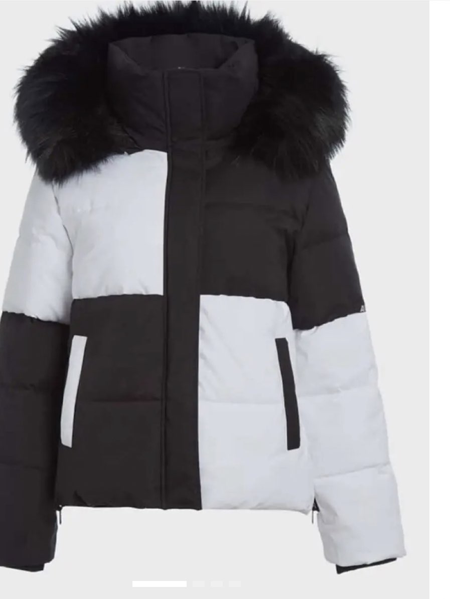 Black and White Color Block Puffer Jacket with Faux Fur Hood