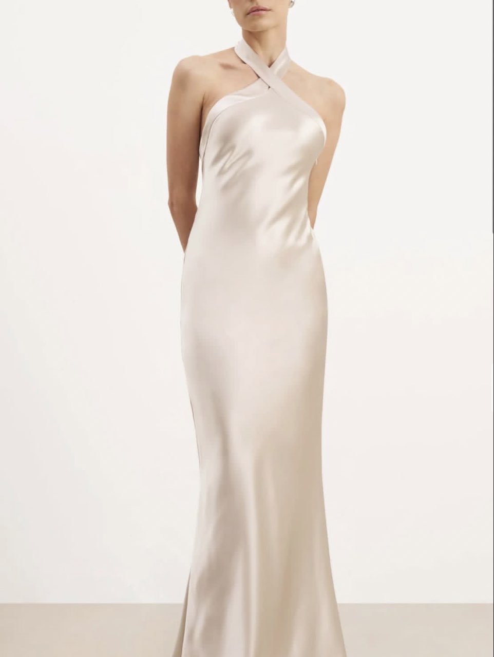 Champagne Satin Halter Maxi Dress