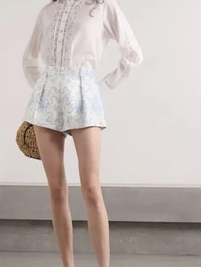LoveShackFancy White and Light Blue Jacquard Pleated Shorts