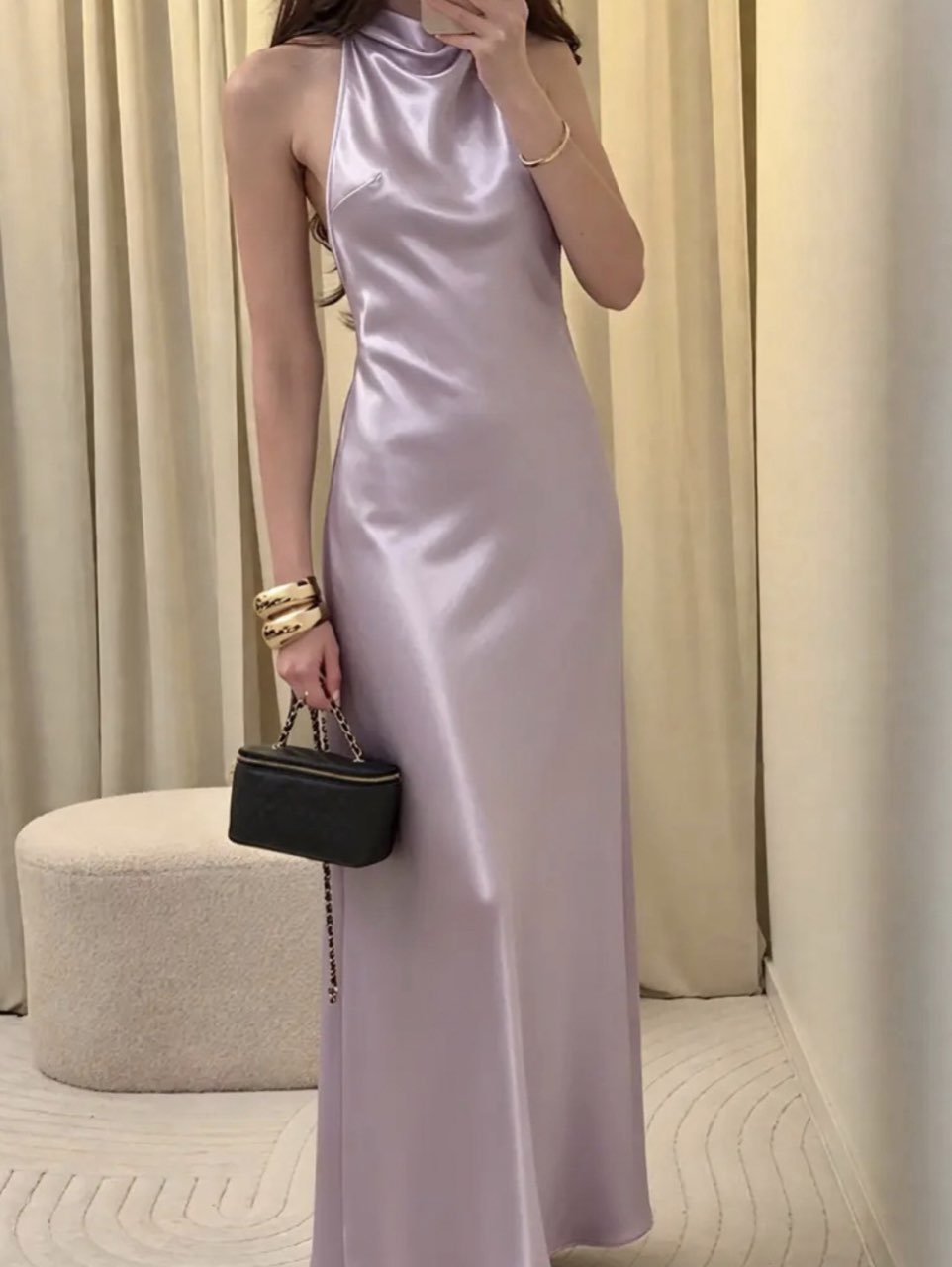 Lavender Satin Halter Midi Dress