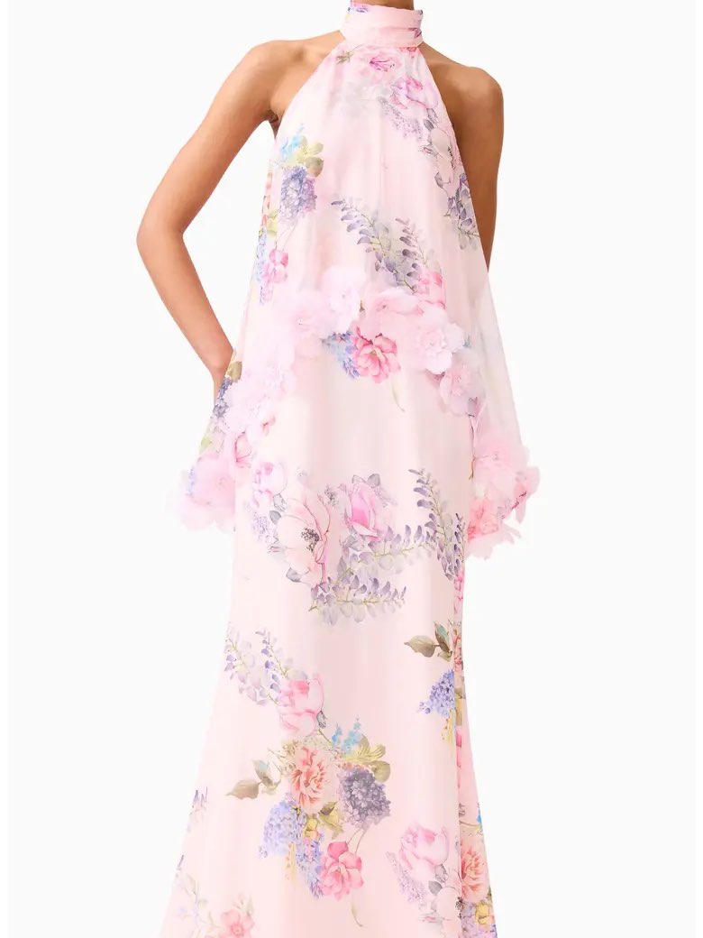 Pink 3D Floral Halter Maxi Dress