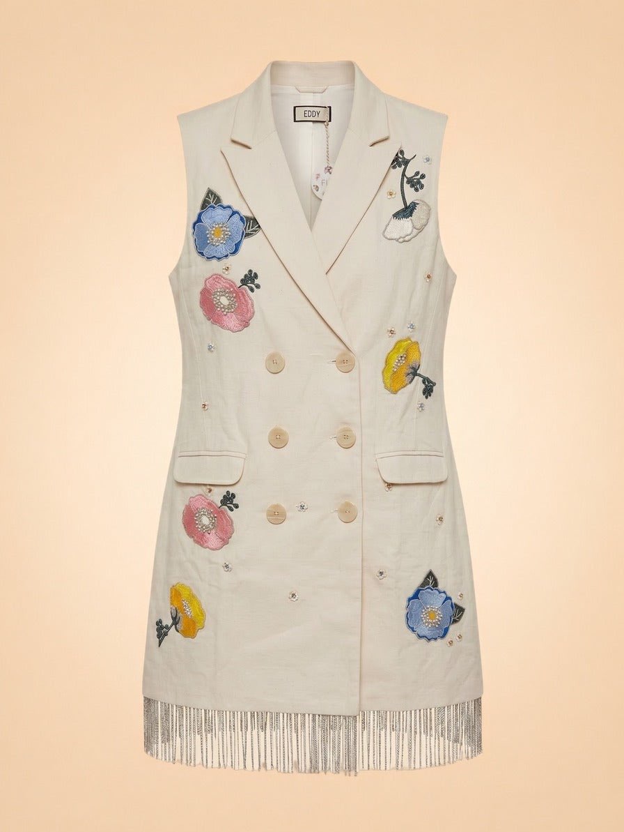 Eirinie Beaded Embroidered Vest Mini Dress Ivory Large Hawaiian Luxury