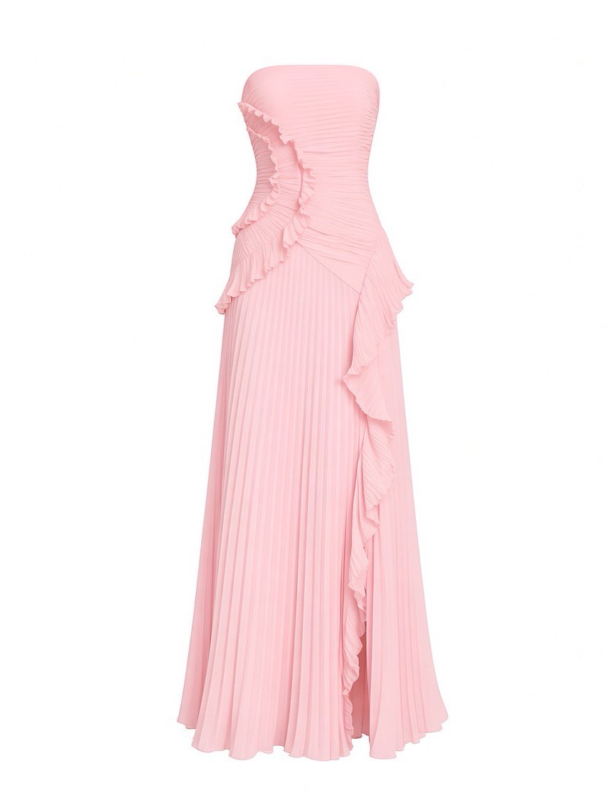 Pink Ruffled Pleated Strapless Gown