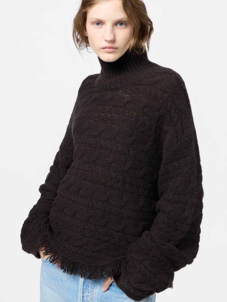 Dark Brown Cable Knit Fringe Turtleneck Sweater