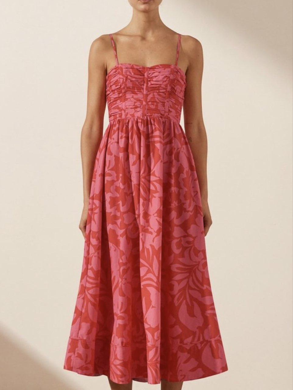 Pink and Red antonia ruched midi dress in azalea pink/roma red