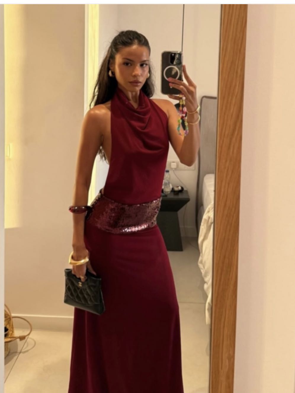 Red Halter Sequin Waist Evening Dress