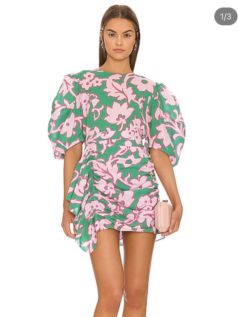 Green & Pink Floral Puff Sleeve Mini Dress