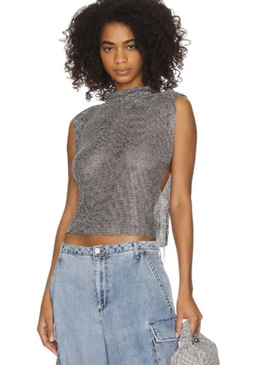 Silver Rhinestone Mesh Crop Top