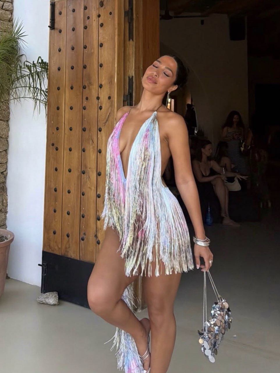 Multi-color Fringe Deep V Mini Dress