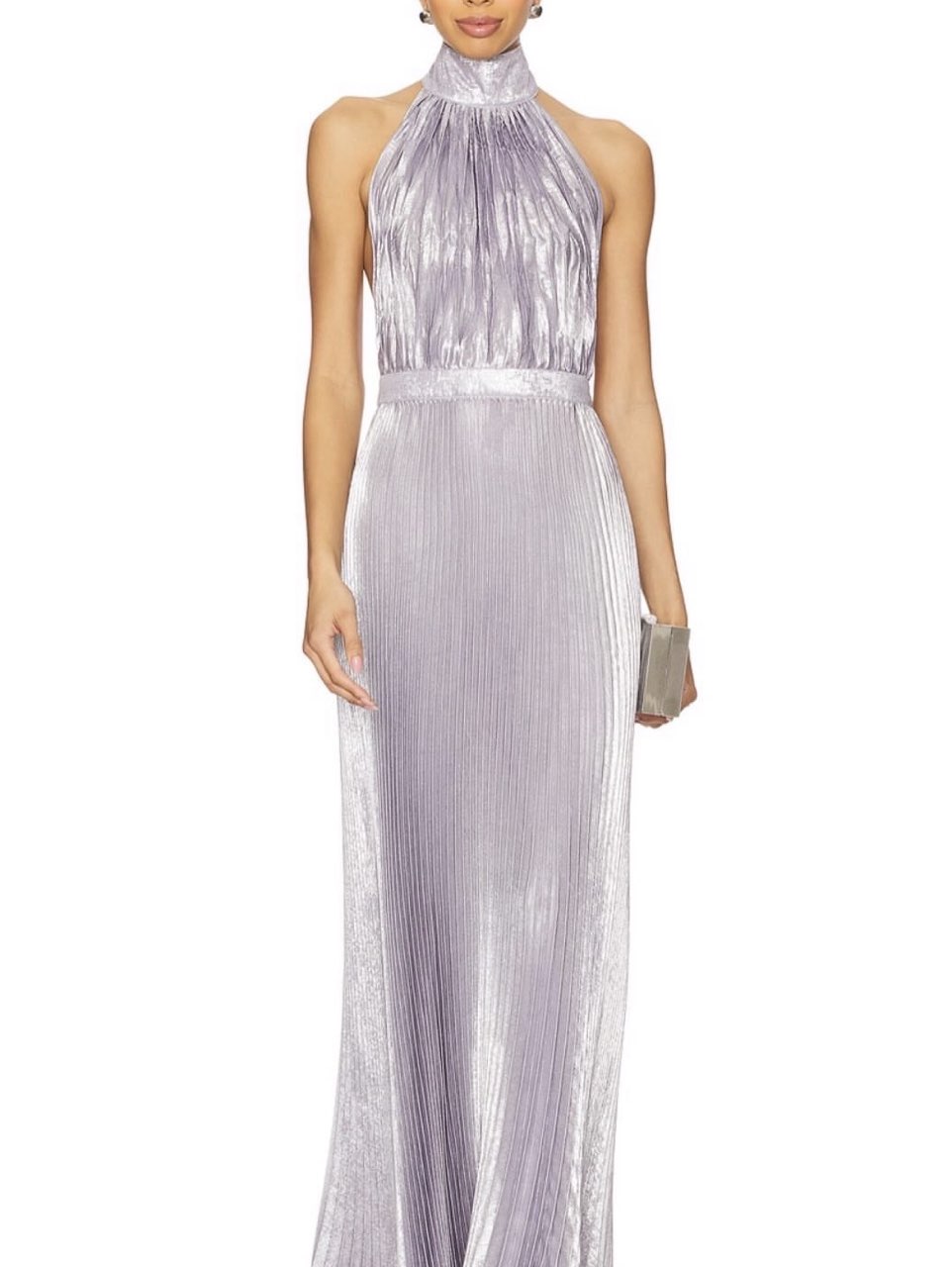 Metallic Pleated Halter Gown