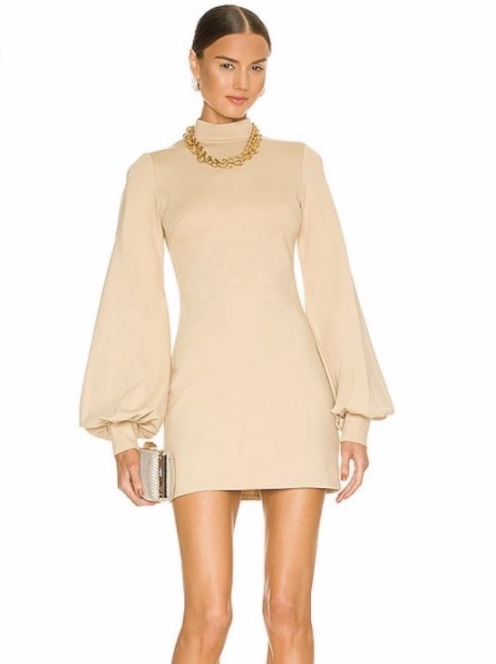 Sandstone Beige High-Neck Balloon Sleeve Mini Dress