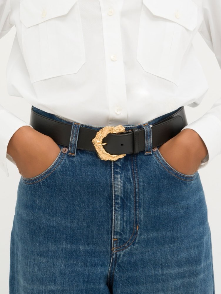 Black Leather Belt with Sculptural Gold Buckle