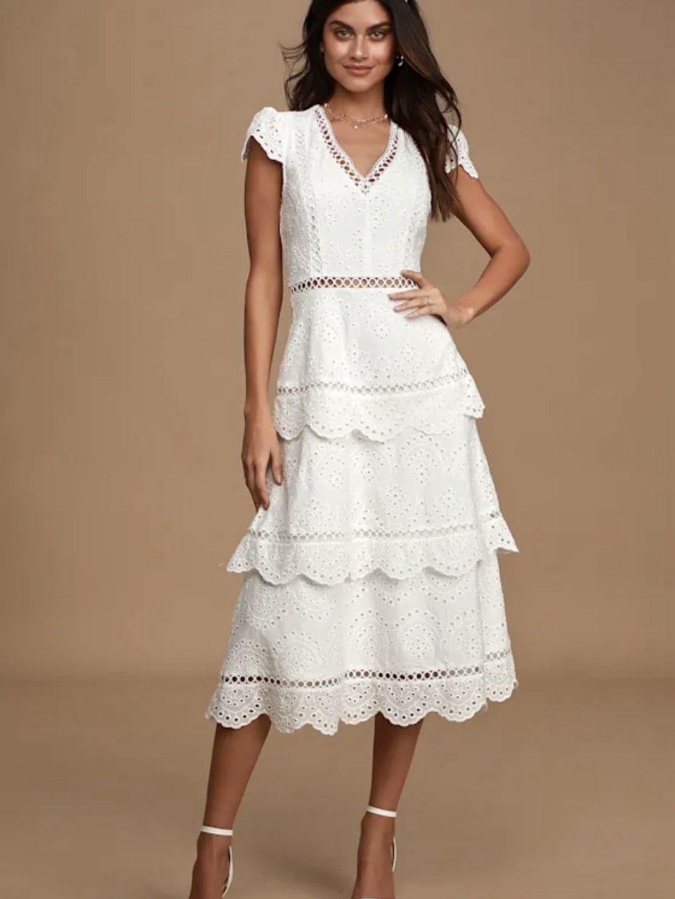 Sunshine Soiree White Eyelet Lace Tiered Midi Dress